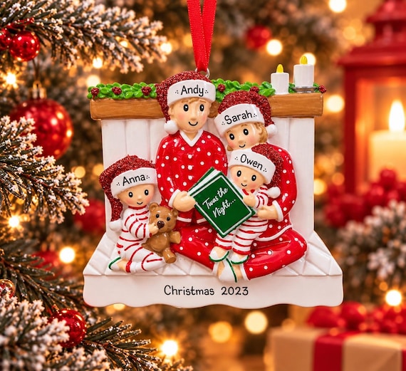 Personalised Family of 4 Christmas Bauble – Christmas Eve Bedtime Ornament, Matching Pyjamas Family Gift, Christmas Keepsake