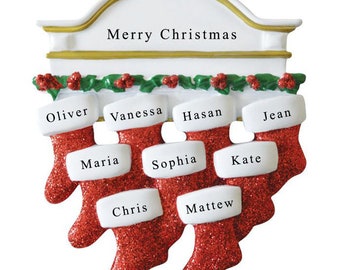 Personalised Christmas Bauble Decoration - Fireplace Stocking Family of 9 Ornament | Grandchildren Ornament