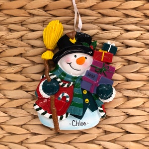 Personalised Christmas Bauble Decoration - Snowman With Present Ornament