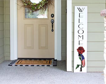 Handmade Patriotic Porch Sign: Vertical Rose and USA Flag Welcome Decor Porch Leaner