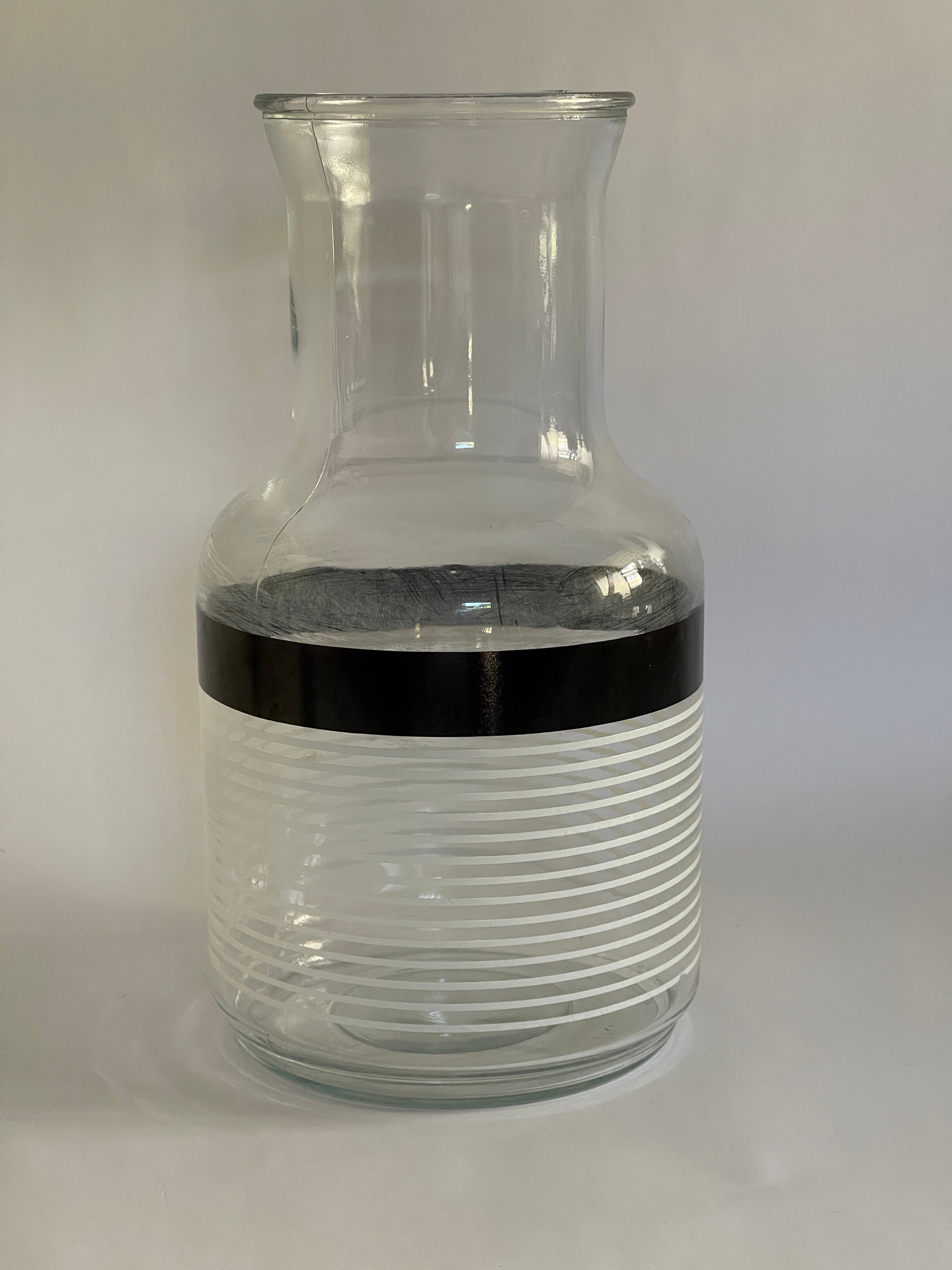 Vintage Glass Juice Drink Carafe Black Lattice Design 7 3/4 high