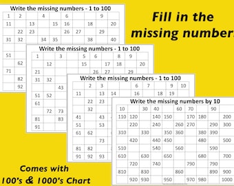 Fill in the missing numbers | Missing Numbers 1 to 100 | 1000&#39;s Chart | Fill in the blank numbers by 10&#39;s | Practice Sheet Homeschooling