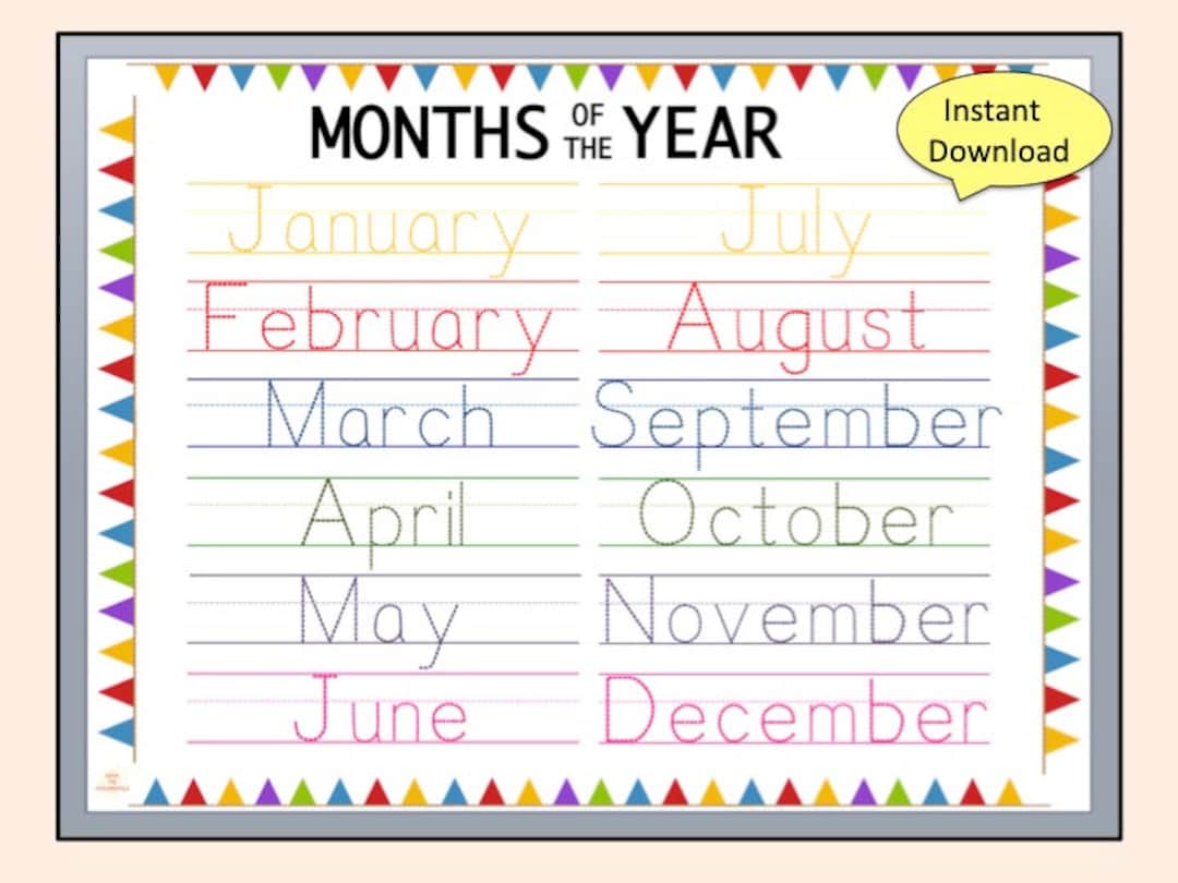 Printable　Worksheets　Tracing　Homeschool　Activity　Months　of　Handwriting　the　Kindergarten　Worksheet　Year　Writing　Etsy　Practice　Preschool
