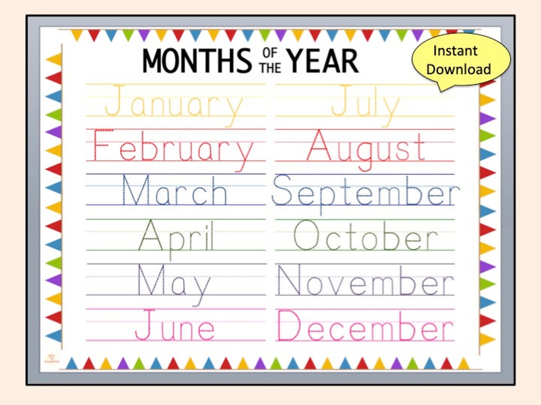 Printable　Worksheets　Tracing　Homeschool　Activity　Months　of　Handwriting　the　Kindergarten　Worksheet　Year　Writing　Etsy　Practice　Preschool