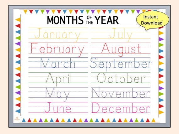 months of the year tracing worksheets writing worksheet etsy