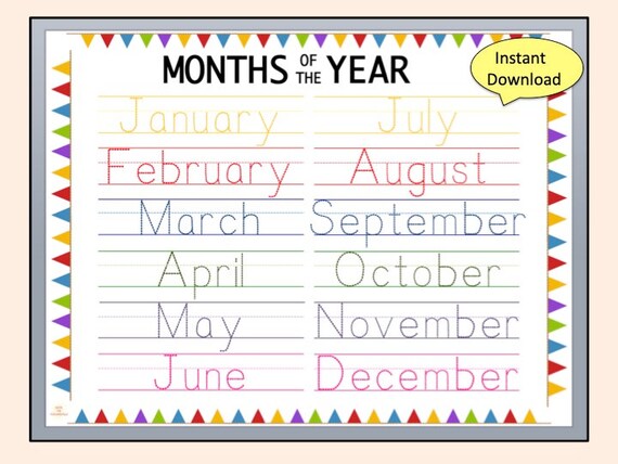 Months of the Year Tracing Worksheets Writing Worksheet Printable Practice  Handwriting Homeschool Activity Kindergarten Preschool - Etsy