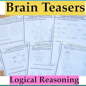Puede incluir: Un conjunto de hojas de trabajo imprimibles con rompecabezas de razonamiento lógico para niños. Las hojas de trabajo presentan varios patrones y secuencias de números para resolver. Las hojas de trabajo son en blanco y negro con un borde rosa y amarillo.