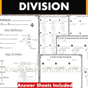 May include: Black and white worksheet with the title "Division" and a diagram explaining the parts of division. The worksheet includes practice problems for long division with and without remainders. The problems range from 2-digit to 4-digit numbers.