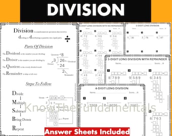 Division Worksheets for 3rd, 4th, and 5th Grade - Short and Long Division with 2, 3, & 4-Digit Numbers, Divide Table Chart MATH PRACTICE