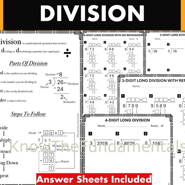 Division Worksheets for 3rd, 4th, and 5th Grade - Short and Long Division with 2, 3, & 4-Digit Numbers, Divide Table Chart MATH PRACTICE