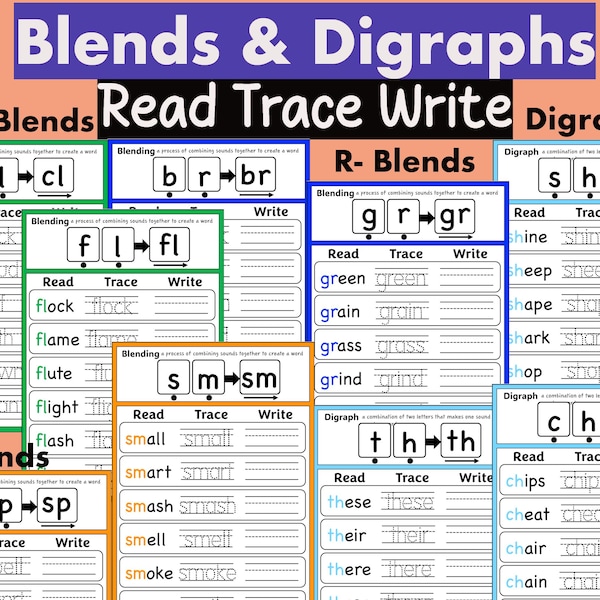 Blends and Digraphs Phonics Practice Worksheets Trace Classroom Spelling Activities Elementary Homeschool Phonics Writing Tracing Sheets