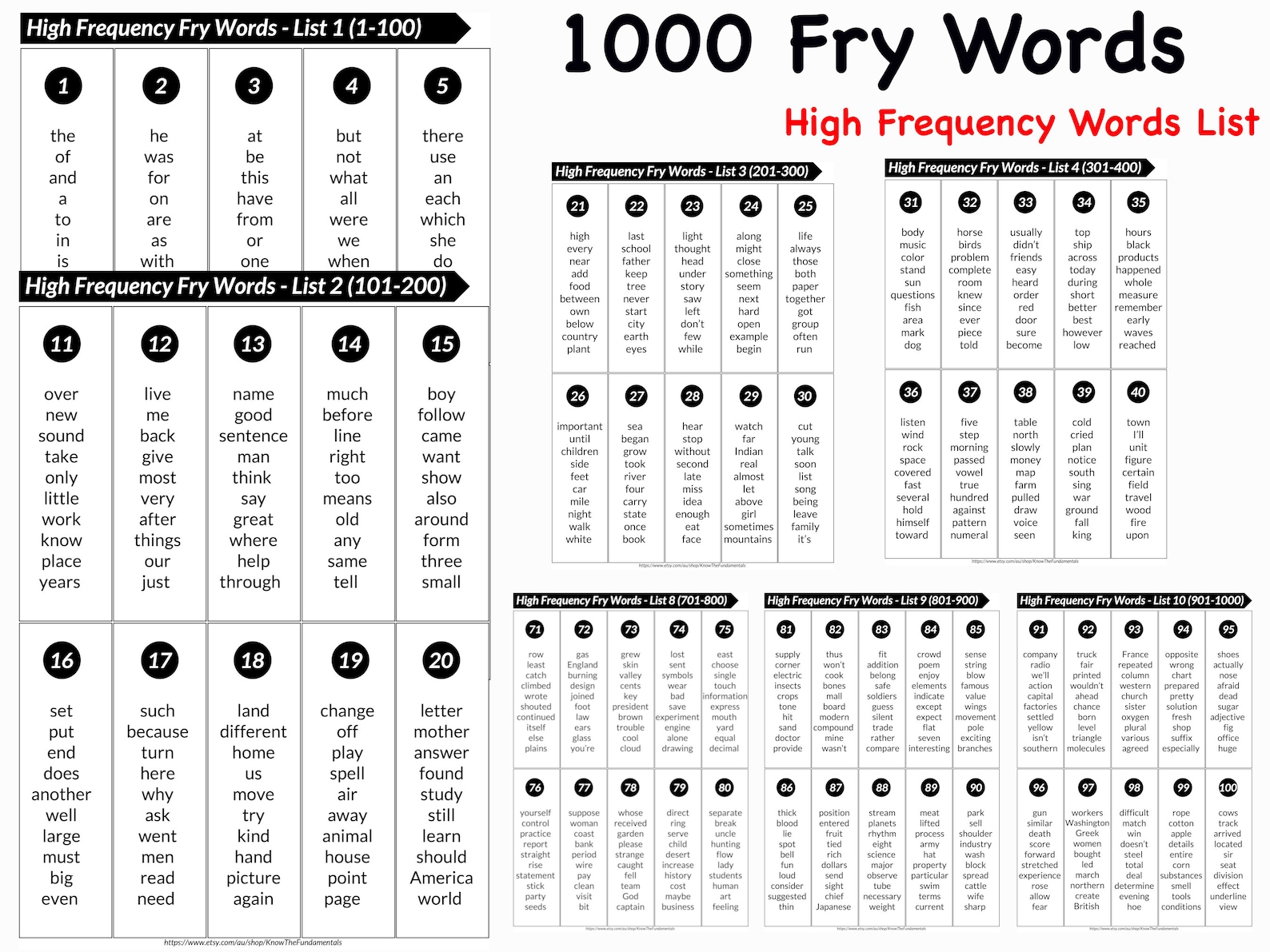 1000 Fry's High Frequency Sight Words Printable Worksheet , Fry Words