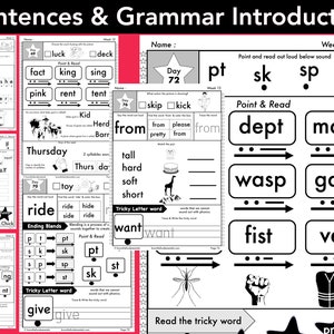 May include: Black and white printable worksheets for teaching phonics and grammar. The worksheets feature words like "ride", "want", "dept", "mask", "wasp", "gasp", "fist", and "vest".