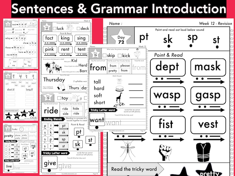 May include: Black and white printable worksheets for teaching phonics and grammar. The worksheets feature words like "ride", "want", "dept", "mask", "wasp", "gasp", "fist", and "vest".