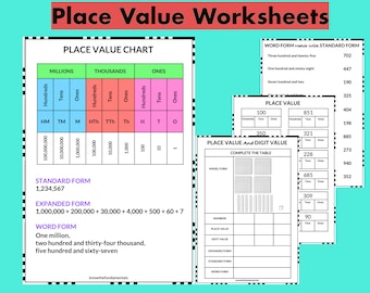 Place Value Worksheet | Place Value Chart Poster Mat | Expanded Form | Standard Form | Word Form | Maths Practice Sheets for Grade 1 Grade 2