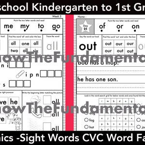 May include: Black and white printable worksheet for preschool and kindergarten students. The worksheet features activities for learning sight words, phonics, and CVC word families. The words "all", "out", "me", "my", "to", "go", "of", "or", "on", "ok", "win", "its", "ipn", "bob", "mop", "he", "has", "one", "son", "dog", "fog", "hot", "cot", "jog" are included in the worksheet.
