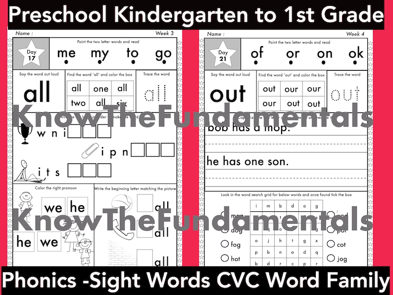 May include: Black and white printable worksheet for preschool and kindergarten students. The worksheet features activities for learning sight words, phonics, and CVC word families. The words "all", "out", "me", "my", "to", "go", "of", "or", "on", "ok", "win", "its", "ipn", "bob", "mop", "he", "has", "one", "son", "dog", "fog", "hot", "cot", "jog" are included in the worksheet.