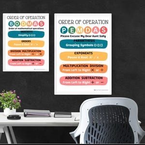 Peut inclure: Deux affiches colorées avec l'ordre des opérations en mathématiques. L'affiche de gauche utilise l'acronyme BODMAS, qui signifie Brackets, Orders, Division, Multiplication, Addition, Subtraction. L'affiche de droite utilise l'acronyme PEMDAS, qui signifie Parenthesis, Exponents, Multiplication, Division, Addition, Subtraction.