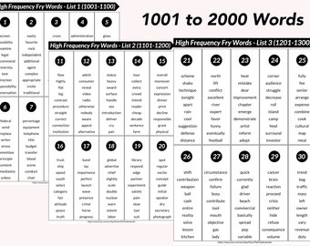 Feuille de travail imprimable de 1001 à 2000 mots de Fry pour la vue haute fréquence, école à la maison, maternelle, maternelle, 2e année, ressources de lecture de 3e année