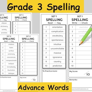 May include: Black and white printable worksheets for third grade spelling. The worksheets are divided into three sets, each with ten words to read and write. The words are listed in columns with numbers 1 through 10. The words are "ellipses, dictionary, variety, activities, children, listen, surface, ceremony, consciences, compassionate, brilliant, immediately, illustration, dialogue, orientation, complication, vocabulary, spontaneous, intuitive, uncontrollable, massive, ignorance, country, prediction".