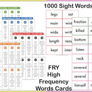 Flash-kaarten 1000 zichtwoorden | Fry's eerste hoogfrequente woorden-flashcards voor kleuters 2e 1e leerjaar | Woordenschat afdrukbaar
