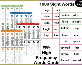 Cartes éclair 1000 mots à vue | Flashcards de mots à haute fréquence de Fry's First pour les enfants de la maternelle, 2e et 2e année, préscolaire | Vocabulaire imprimable