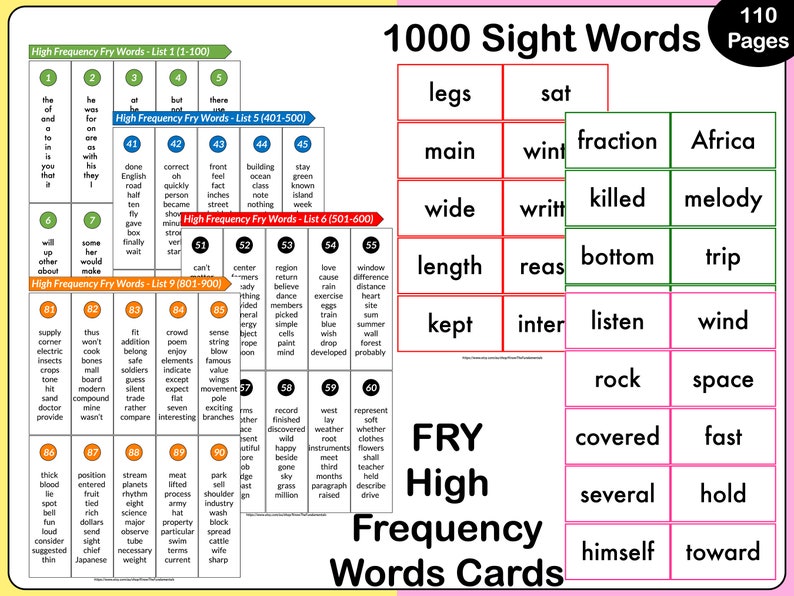 Cartes éclair 1000 mots à vue | Flashcards de mots à haute fréquence de Fry's First pour les enfants de la maternelle, 2e et 2e année, préscolaire | Vocabulaire imprimable image 1