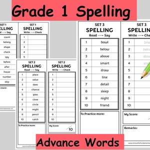 Hoja de trabajo de ortografía de primer grado, escritura de primer año, vocabulario de inglés para educación en el hogar de fonética de primer grado, imprimible, palabras a primera vista incluidas