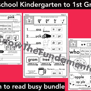 May include: A set of printable worksheets for preschool and kindergarten students. The worksheets feature activities for learning letter sounds, blending, and reading. The worksheets are black and white with a red background.