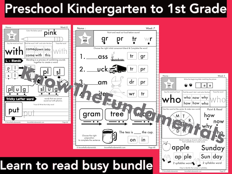 May include: A set of printable worksheets for preschool and kindergarten students. The worksheets feature activities for learning letter sounds, blending, and reading. The worksheets are black and white with a red background.