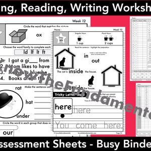 May include: Black and white printable worksheets for tracing, reading, and writing. The worksheets include a variety of activities, such as tracing letters, identifying words, and completing sentences. The worksheets are designed for children in kindergarten or first grade.