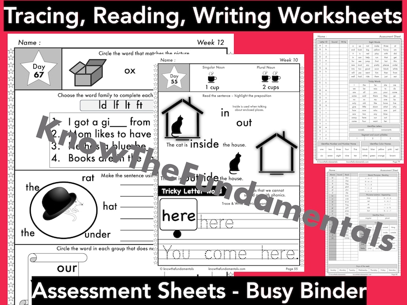 May include: Black and white printable worksheets for tracing, reading, and writing. The worksheets include a variety of activities, such as tracing letters, identifying words, and completing sentences. The worksheets are designed for children in kindergarten or first grade.