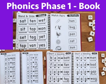 Phonics-Buch | CVC-Wörter | Homeschool-Ressourcen für Kinder | Phonics-Aktivitätsarbeitsbuch | Sichtwörter | Kindergarten Lesen lernen – Phase 1