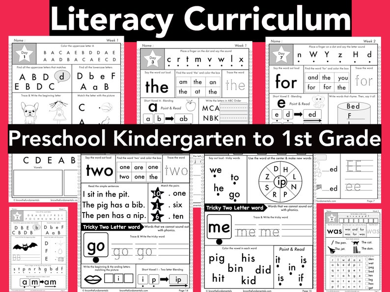 May include: Black and white printable worksheets for preschool, kindergarten, and first grade literacy curriculum. The worksheets feature activities like tracing letters, matching letters, and reading simple words. The worksheets are labeled with the week and day of the week.