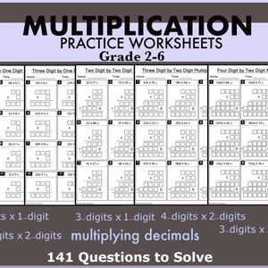 Multiplication Printable 2-digit 3-digit 4-digit decimals Multiplication Practice Worksheets with Answer Sheet - Maths Grade 2-6