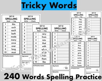 Tricky Words List Phases | Learn to read program for homeschool kids kindergarten Sight Words Spelling Activity Writing Practice