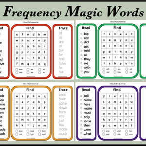 May include: Four colourful worksheets with the words "Read", "Find", and "Trace" at the top. Each worksheet has a list of common words to read, a word search puzzle, and a tracing activity.