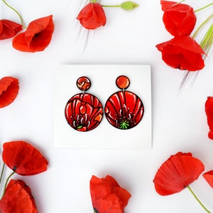 Pendientes de amapola roja de cuero pintados a mano. Pendientes grandes y llamativos. Pendientes día de la madre. Regalo especial para mamas imagen 1