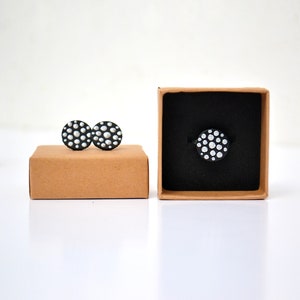 Set of earrings and a ring made of black leather with hand-painted silver details. Box with earrings and/or ring. Christmas gift.