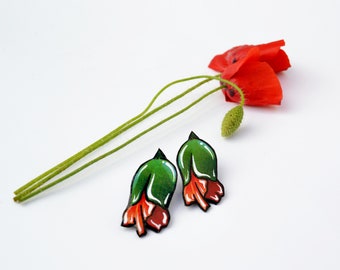 Pendientes capullo de amapola floreciendo. Pendientes llamativos y ligeros. Pendientes amapola para día de la madre. Pendientes rojo y verde