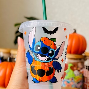 Bicchiere termico da 473 ml (16 oz) per bambini con tema Halloween, alieno blu e zucca / Tazza per bevande fredde / Regalo Starbies SBux / Spettrale / Strega / Mini Me / Pipistrelli / Scheletro