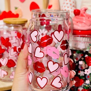 Valentine’s Day Hearts & Kisses 16 oz Beer Can Glass | Vday Cup | Self Love |Iced Coffee |Smoothie Glass | XOXO Boho | Floral Daisy Coquette