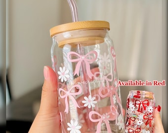 Coquette Bows Floral Daisies Bicchiere da birra da 16 once / Tazza primaverile / Amore per se stessi / Caffè freddo / Frullato / Boho / Regalo / Fiori pasquali / Pastello