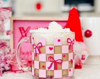 Checkered Coquette Bows Hearts Libbey 13 oz Glass Mug | Spring Mug  | Coffee Cup | Gift Ideas | Love | Sweetheart | Wife | Christmas | Mom
