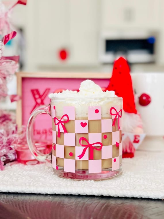 Checkered Coquette Bows Hearts Libbey 13 oz Glass Mug | Spring Mug | Coffee  Cup | Gift Ideas | Love | Sweetheart | Wife | Christmas | Mom