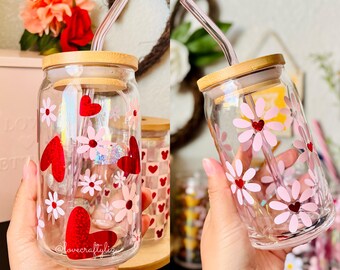 Margherite Mini Hearts 16 oz Bicchiere da birra / San Valentino / Tazza di San Valentino / Amore per se stessi / Caffè freddo / Bicchiere da frullato / xoxo Boho / Margherita floreale