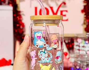 Poke Love Buddies 16oz bierblikglas | Voorjaarsbeker | IJskoffie | Cadeau | Xoxo | Zakmonsters | POGO| Eevee | PKMN | Bloemen| Valentijn