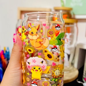 Spring Poke 16oz Beer Can Glass | Spring Cup | Pikaa | Gift | Daisies | Pocket Monsters | POGO| Eevee | PKMN | Floral | Eeveelutions | Gamer