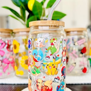 Pocket Monsters Poke Friends 16oz Beer Can Glass | Spring Cup | Iced Coffee | Smoothie |Gift | Mom | Eeveelutions | POGO| EVE PKMN