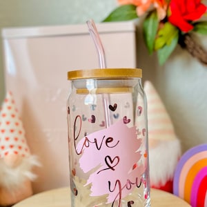 Love You 16 oz Beer Can Glass | I Love You Cup | Valentines Day | VDay Can Glass | Iced Coffee | Smoothie Glass | Hearts Xoxo